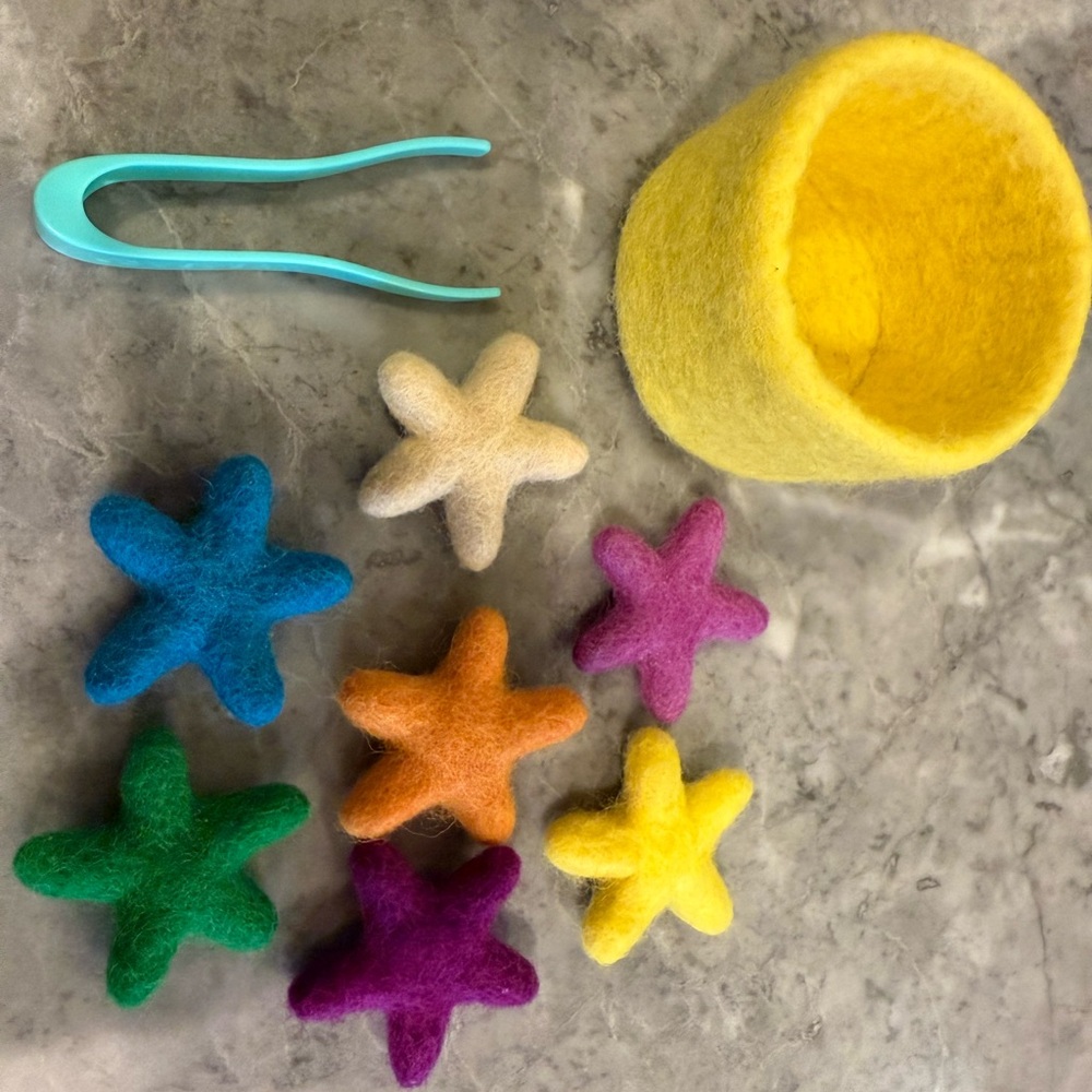 Lovevery Colorful Felt Star Set with Yellow Basket and tweezer